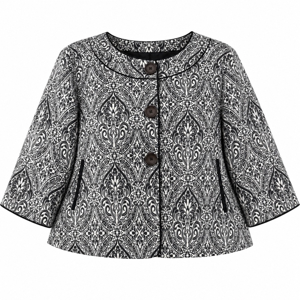Elementz Paisley Swing Jacket Women XL Black White Cropped Boho Chic 3/4 Sleeve